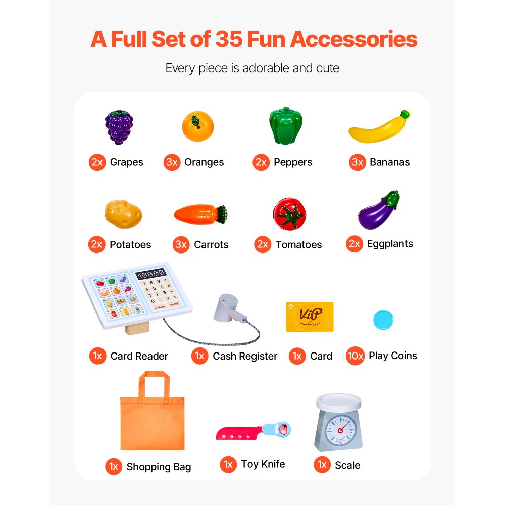 VEVOR Kids Grocery Store Playset, Wooden Play Market Stand with Shopping Bag, Kids Supermarket Pretend Play Store with Conveyor Belt, Scanner, Cash Register, Realistic Scale, Gift for Boys & Girls