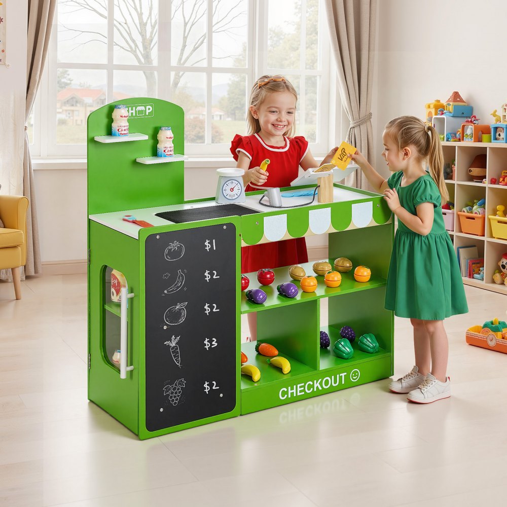 VEVOR Kids Grocery Store Playset, Wooden Play Market Stand with Shopping Bag, Kids Supermarket Pretend Play Store with Conveyor Belt, Scanner, Cash Register, Realistic Scale, Gift for Boys & Girls