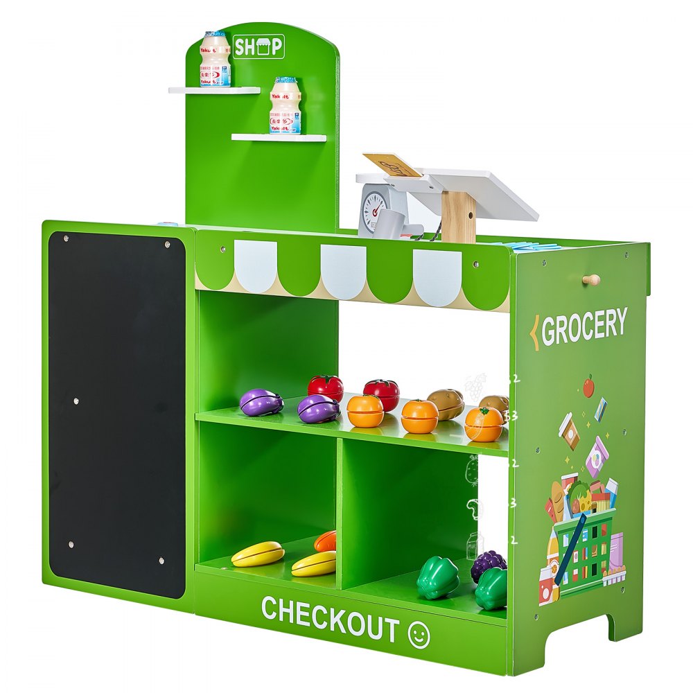 VEVOR Kids Grocery Store Playset, Wooden Play Market Stand with Shopping Bag, Kids Supermarket Pretend Play Store with Conveyor Belt, Scanner, Cash Register, Realistic Scale, Gift for Boys & Girls