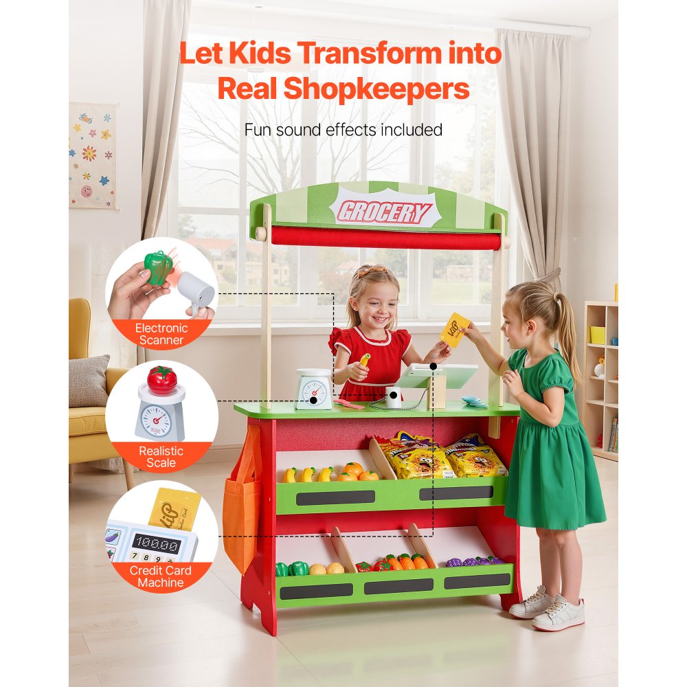 VEVOR Wooden Puppet Theater with Curtains, 2-in-1 Reversible Play Store, Double-Sided Grocery Store Playset with Chalkboard & Cash Register, Kids Pretend Play Market Stand, Gift for Boys & Girls