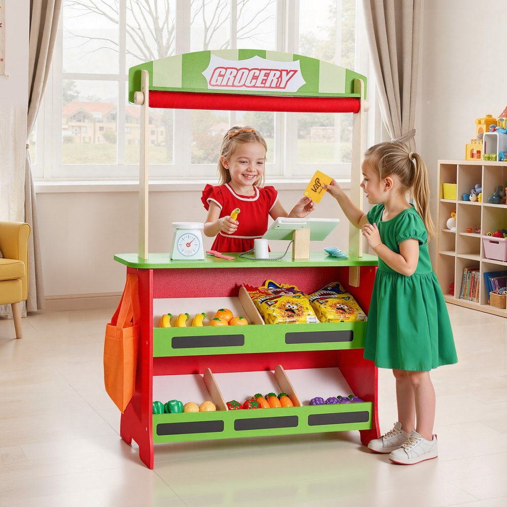 VEVOR Wooden Puppet Theater with Curtains, 2-in-1 Reversible Play Store, Double-Sided Grocery Store Playset with Chalkboard & Cash Register, Kids Pretend Play Market Stand, Gift for Boys & Girls