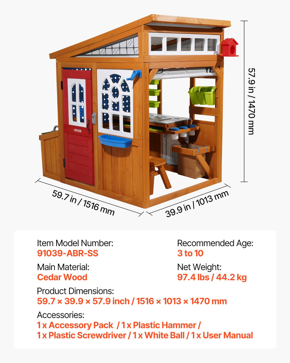Outdoor playhouse dimensions and specs infographic