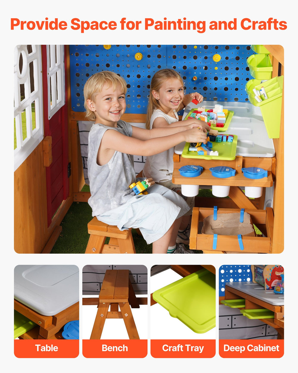 Painting and crafts area details (table, bench, craft tray, deep cabinet)