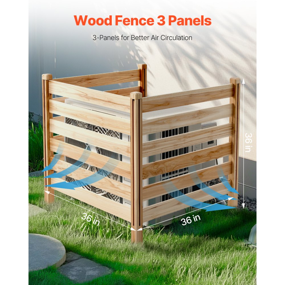 VEVOR Wood Privacy Fence, 38" W x 36" L, 3 Panel Slatted Air Conditioner Fence Screen, Pool Equipment Enclosure with Metal Stakes, Easy DIY Installation, Outdoor Trash Can Hider for Garden Decoration