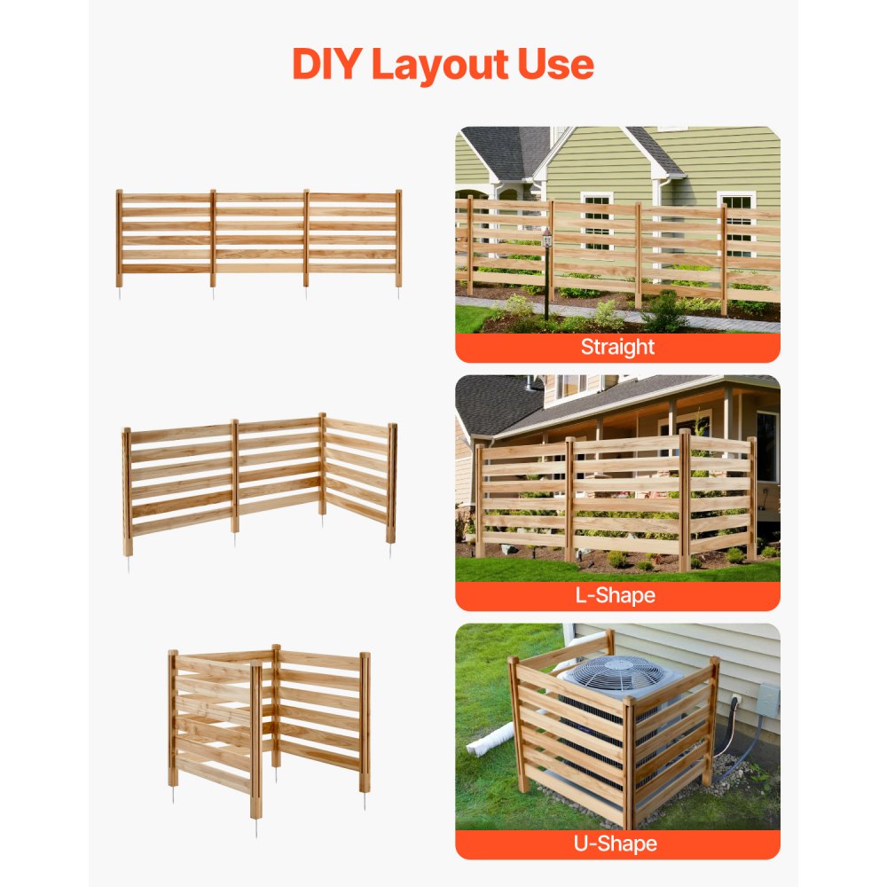 VEVOR Wood Privacy Fence, 38" W x 36" L, 3 Panel Slatted Air Conditioner Fence Screen, Pool Equipment Enclosure with Metal Stakes, Easy DIY Installation, Outdoor Trash Can Hider for Garden Decoration