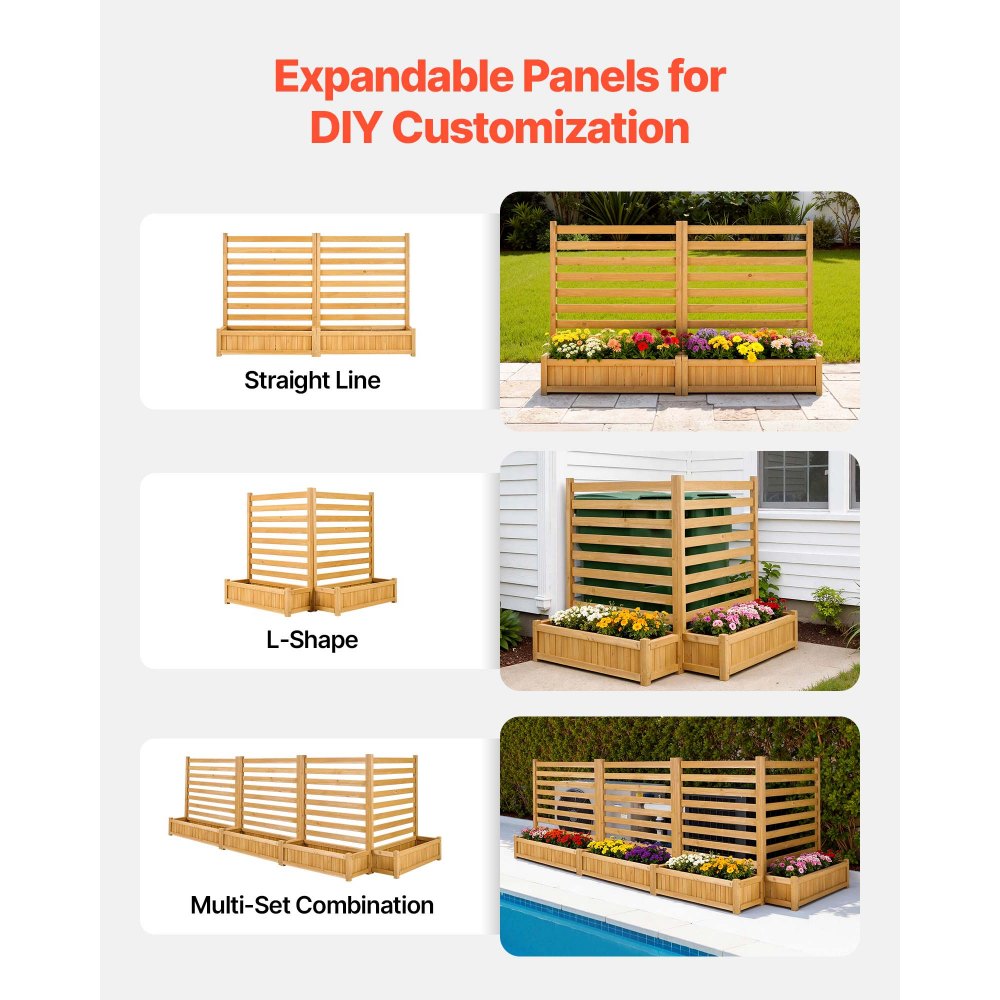 VEVOR Wooden Privacy Fence, 36 x 45 inch Air Conditioner Fence, 2 Slatted Panel Solid Outdoor Wood Privacy Screen with 2 Planters, Metal Stakes, Trash Can Hider Fences Suitable for Garden, Pool