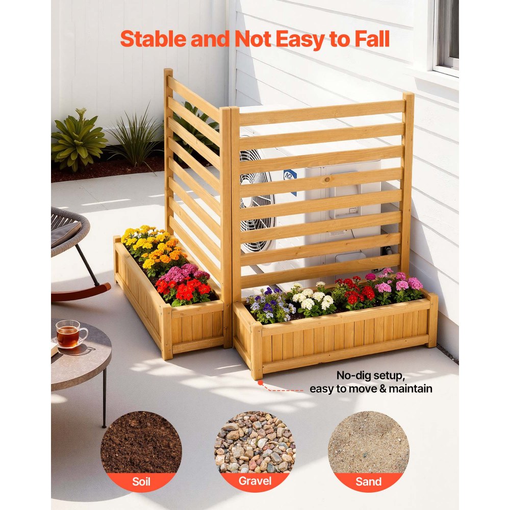 VEVOR Wooden Privacy Fence, 36 x 45 inch Air Conditioner Fence, 2 Slatted Panel Solid Outdoor Wood Privacy Screen with 2 Planters, Metal Stakes, Trash Can Hider Fences Suitable for Garden, Pool