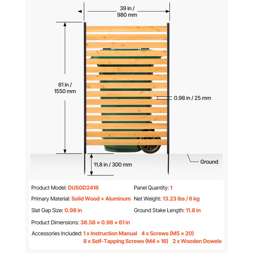 VEVOR Wood Privacy Fence, 39" W x 61" L, 1-Panel Air Conditioner Fence Screen, Pool Equipment Enclosure with Metal Stakes, Easy DIY Installation, Outdoor Trash Can Hider for Garden Decoration