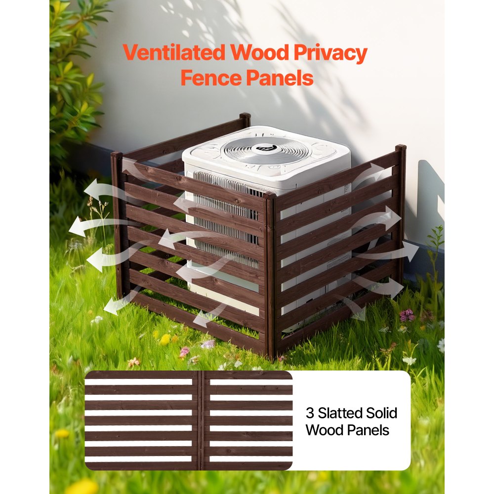 VEVOR Wooden Privacy Fence, 48 x 37 inch Air Conditioner Fence, 3 Panel Solid Outdoor Wood Privacy Screen with Metal Stakes, Steel Frame, Trash Can Hider Fences Suitable for Garden, Pool