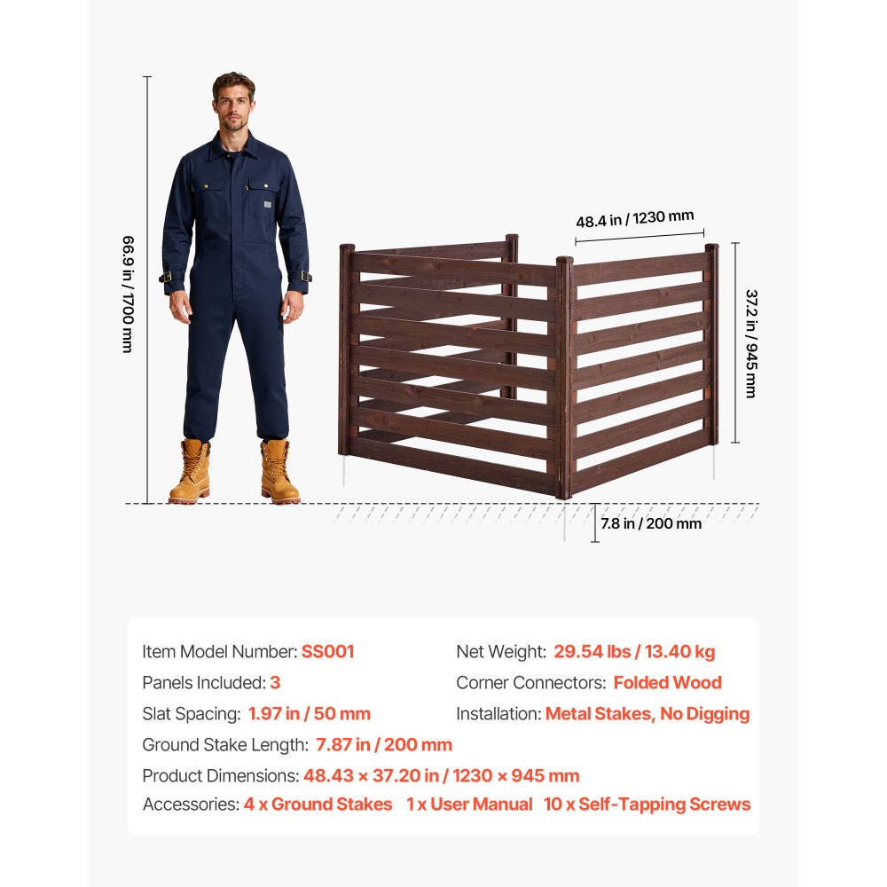 VEVOR Wooden Privacy Fence, 48 x 37 inch Air Conditioner Fence, 3 Panel Solid Outdoor Wood Privacy Screen with Metal Stakes, Steel Frame, Trash Can Hider Fences Suitable for Garden, Pool