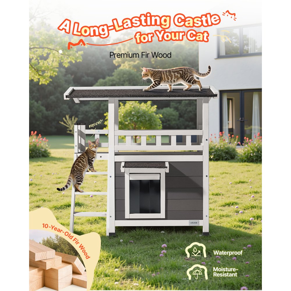 VEVOR Outdoor Cat House, 2-Story Wooden Cat Shelter with Stairs & Balcony, Elevated Feral Kitty Shelter, Spacious Room, Waterproof Cats Condos for Indoor & Outdoor Cats in Winter 30 x 22 x 30 in