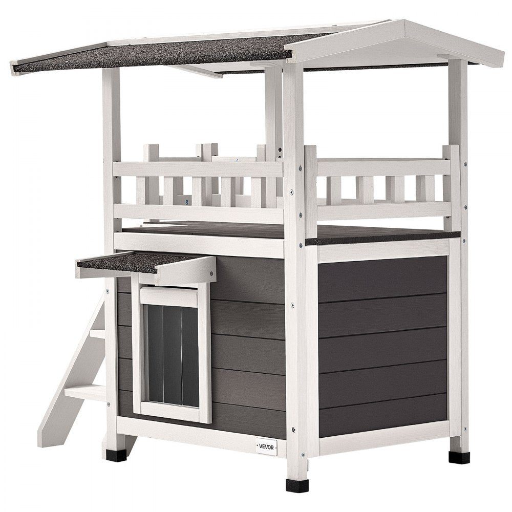 VEVOR Outdoor Cat House, 2-Story Wooden Cat Shelter with Stairs & Balcony, Elevated Feral Kitty Shelter, Spacious Room, Waterproof Cats Condos for Indoor & Outdoor Cats in Winter 30 x 22 x 30 in