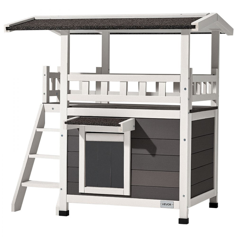 VEVOR Outdoor Cat House, 2-Story Wooden Cat Shelter with Stairs & Balcony, Elevated Feral Kitty Shelter, Spacious Room, Waterproof Cats Condos for Indoor & Outdoor Cats in Winter 30 x 22 x 30 in