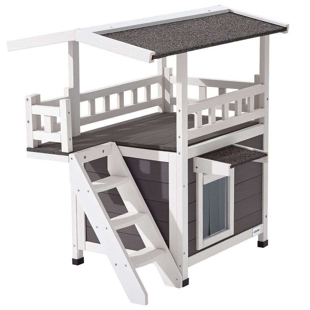 VEVOR Outdoor Cat House, 2-Story Wooden Cat Shelter with Stairs & Balcony, Elevated Feral Kitty Shelter, Spacious Room, Waterproof Cats Condos for Indoor & Outdoor Cats in Winter 30 x 22 x 30 in