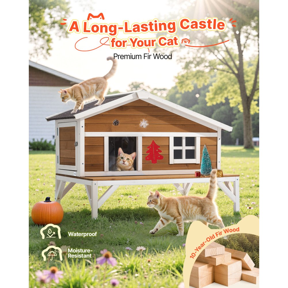 VEVOR Insulated Cat House, All-Around Foam Insulation Elevated Cat Shelter, Wooden Feral Kitty Shelter with Large Platform, Waterproof Cats Condos for Indoor & Outdoor Cats in Winter 43.5x33.5x31 in