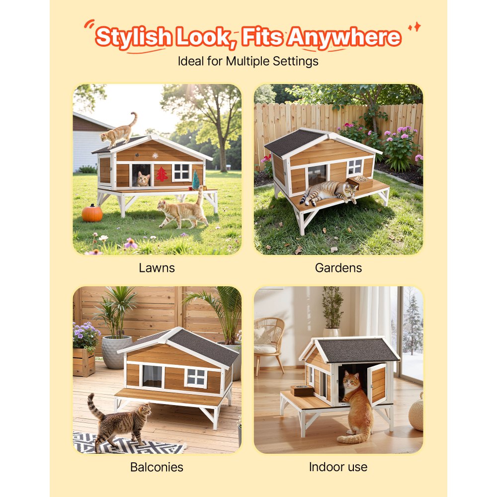 VEVOR Insulated Cat House, All-Around Foam Insulation Elevated Cat Shelter, Wooden Feral Kitty Shelter with Large Platform, Waterproof Cats Condos for Indoor & Outdoor Cats in Winter 43.5x33.5x31 in