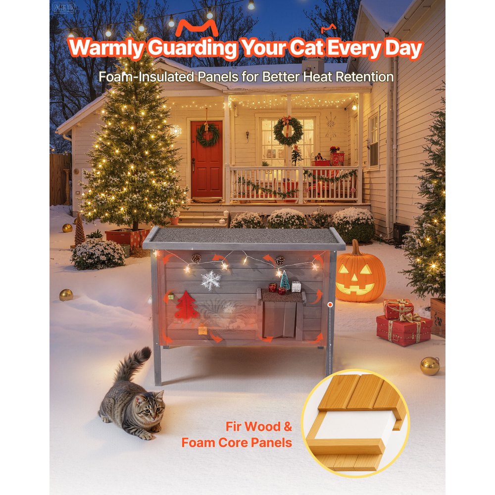 VEVOR Heated Cat House, Insulated Wooden Cat House for Outdoor Cats, Waterproof Feral Kitty Shelter with Heating Pad, PVC Flap Door & Openable Asphalt Roof for 1-3 Cats in Winter, 34 x 21 x 27 in