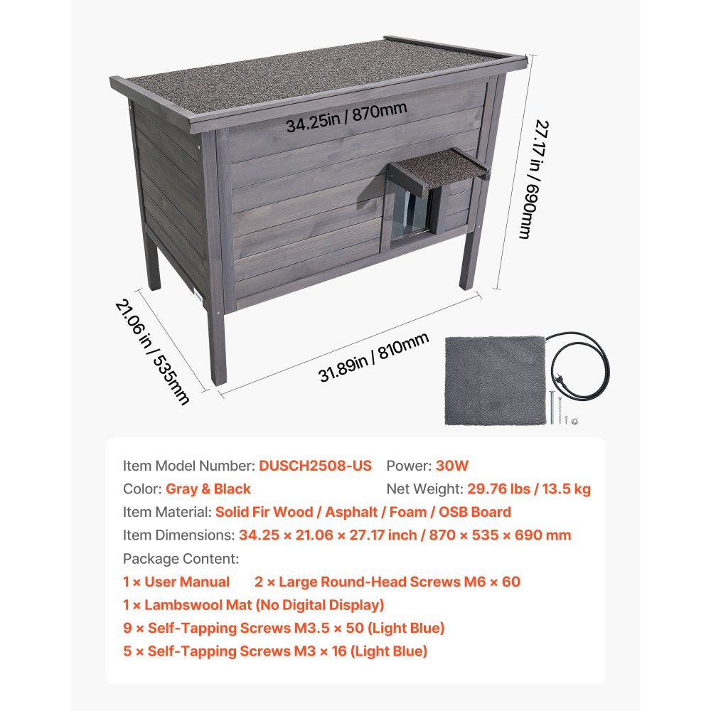 VEVOR Heated Cat House, Insulated Wooden Cat House for Outdoor Cats, Waterproof Feral Kitty Shelter with Heating Pad, PVC Flap Door & Openable Asphalt Roof for 1-3 Cats in Winter, 34 x 21 x 27 in