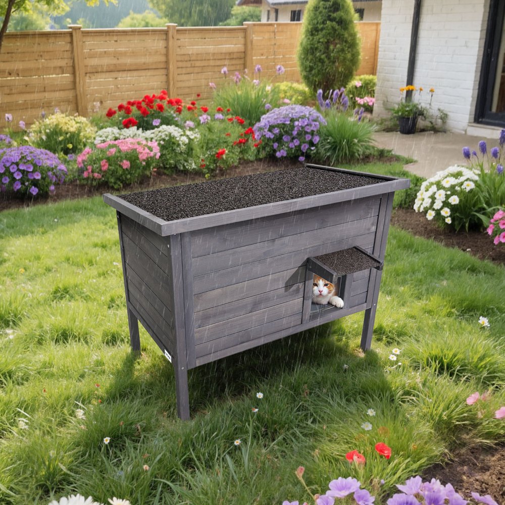 VEVOR Heated Cat House, Insulated Wooden Cat House for Outdoor Cats, Waterproof Feral Kitty Shelter with Heating Pad, PVC Flap Door & Openable Asphalt Roof for 1-3 Cats in Winter, 34 x 21 x 27 in