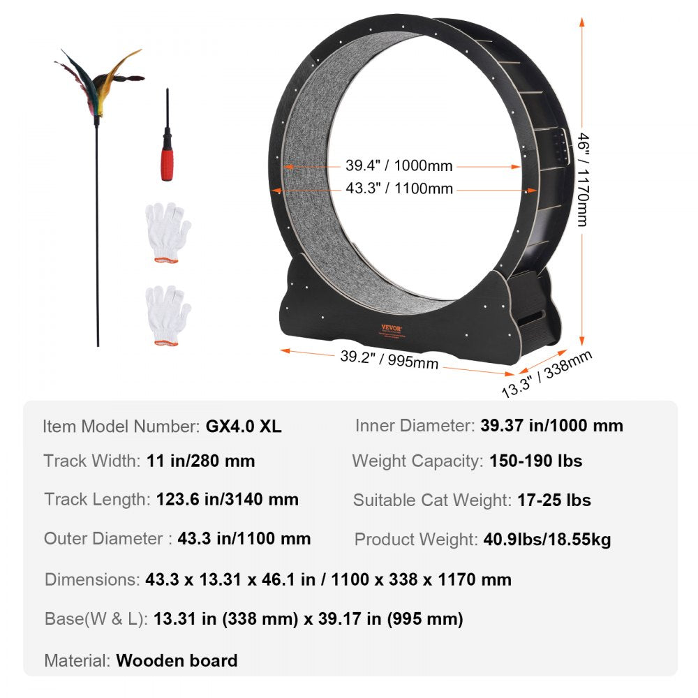 VEVOR Wooden Cat Exercise Wheel, 43.3" Large Cat Treadmill Wheel for Indoor Cats, Cat Running Wheel with Detachable Carpet & Cat Teaser for Running/Walking/Training, Suitable for Most Cats Black
