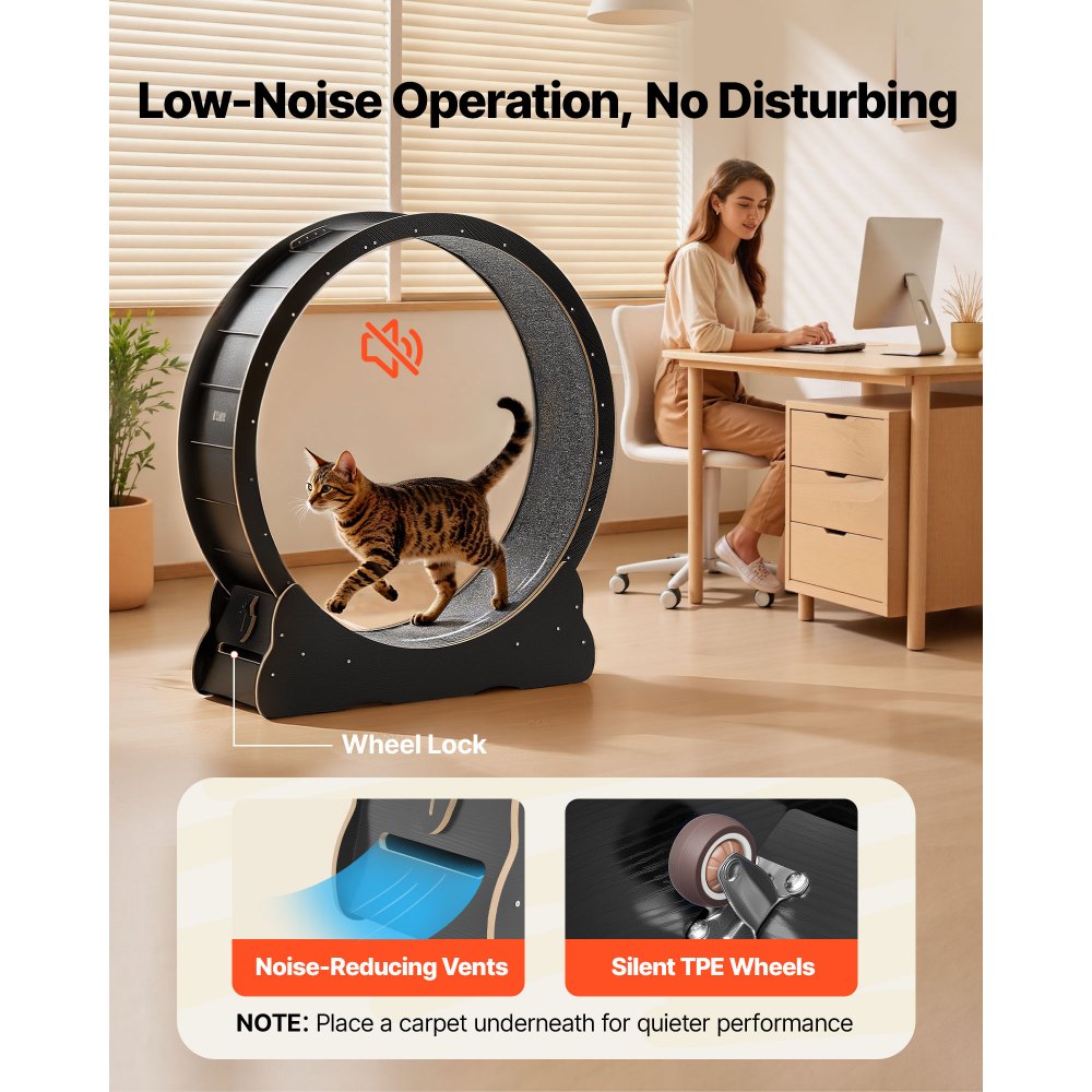 VEVOR Cat Exercise Wheel, 48 in Wooden Cat Running Wheel for Indoor Cats up to 28 lbs, Cats Treadmill with Carpeted Runway & Locking Mechanism, Quiet Kitten Sport Toys for Pets Fitness & Health, Black