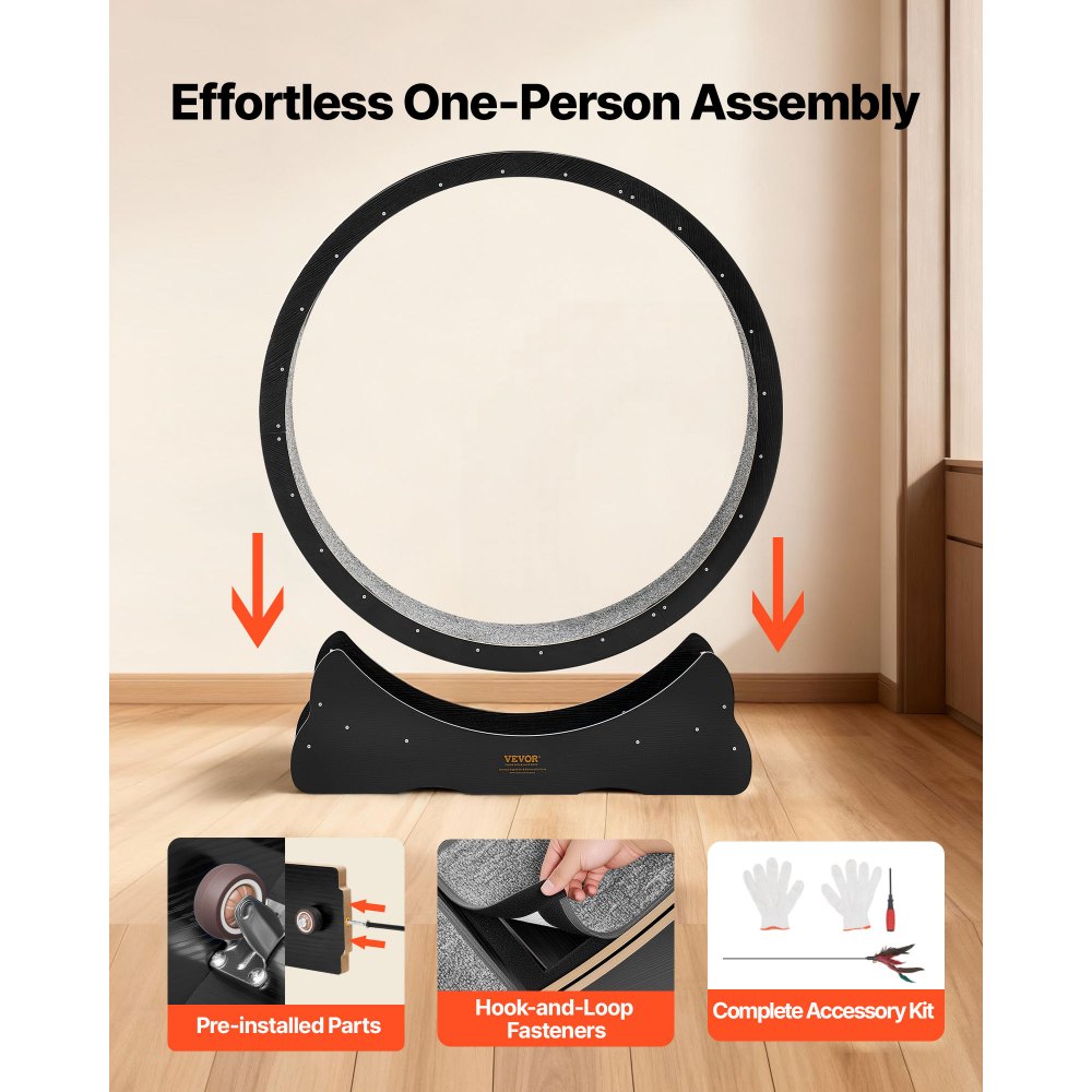 VEVOR Cat Exercise Wheel, 48 in Wooden Cat Running Wheel for Indoor Cats up to 28 lbs, Cats Treadmill with Carpeted Runway & Locking Mechanism, Quiet Kitten Sport Toys for Pets Fitness & Health, Black