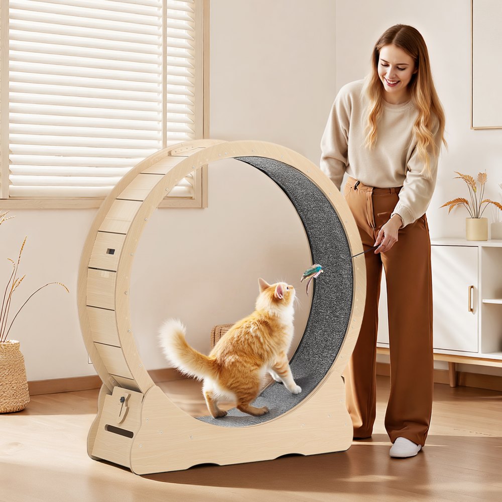 VEVOR Cat Exercise Wheel, 48 in Wooden Cat Running Wheel for Indoor Cats up to 28 lbs, Cats Treadmill with Carpeted Runway & Locking Mechanism, Quiet Roller Kitten Sport Toys for Pets Fitness & Health