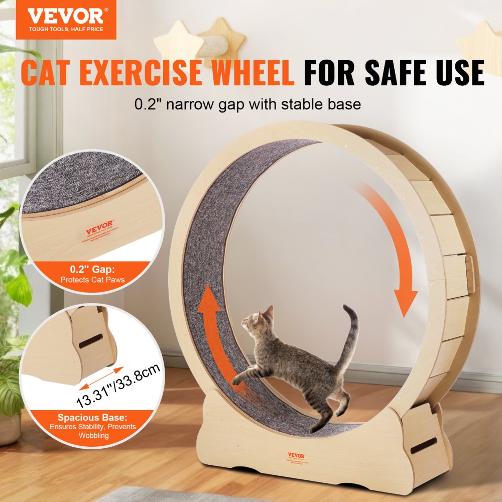 VEVOR Wooden Cat Exercise Wheel, 52" Large Cat Treadmill Wheel for Indoor Cats, Cat Running Wheel with Detachable Carpet & Cat Teaser for Running/Walking/Training, Suitable for Most Cats
