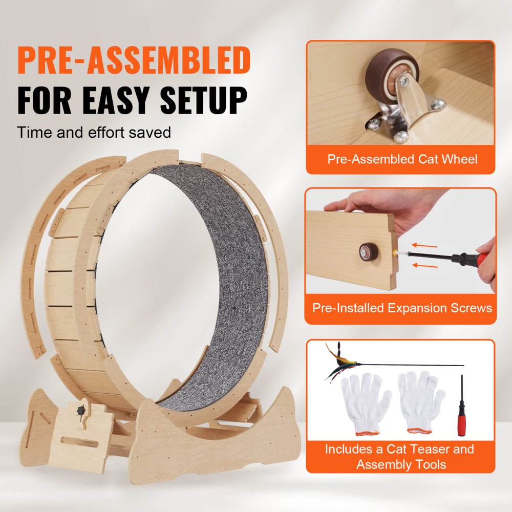 VEVOR Wooden Cat Exercise Wheel, 52" Large Cat Treadmill Wheel for Indoor Cats, Cat Running Wheel with Detachable Carpet & Cat Teaser for Running/Walking/Training, Suitable for Most Cats