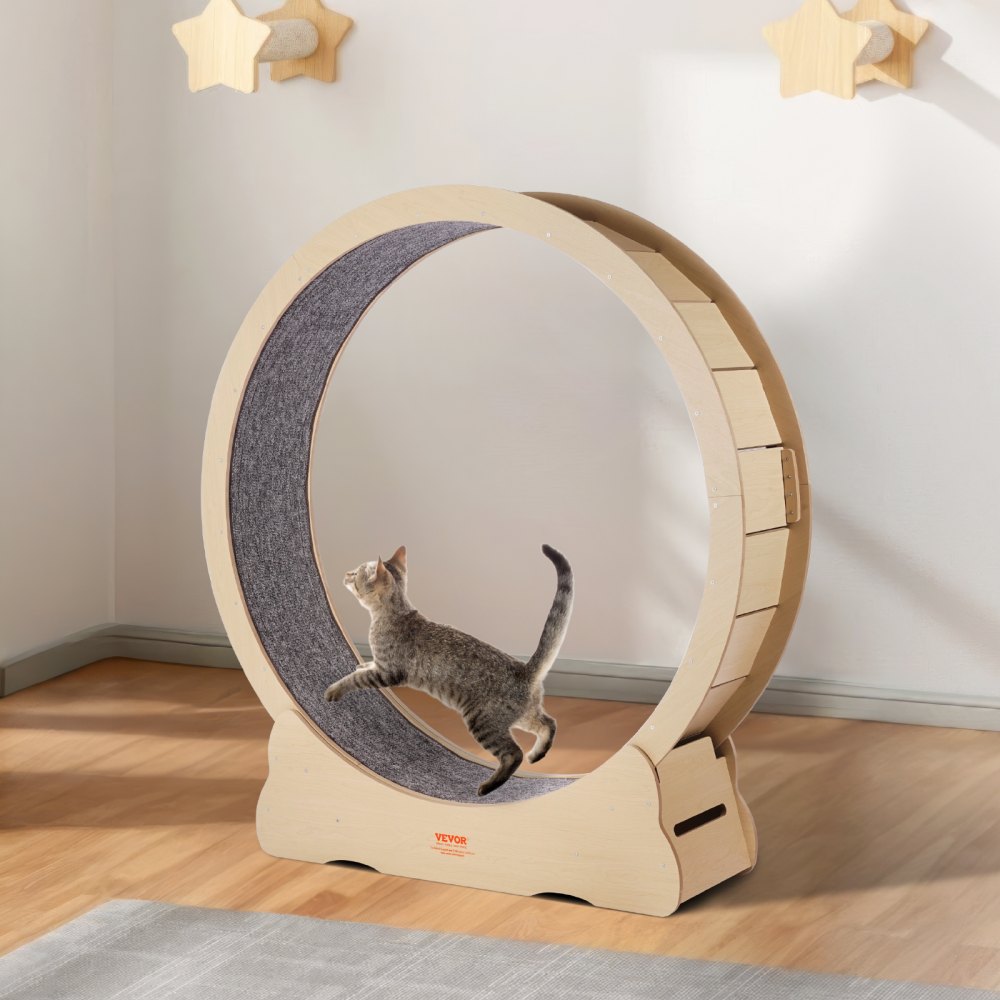 VEVOR Wooden Cat Exercise Wheel, 52" Large Cat Treadmill Wheel for Indoor Cats, Cat Running Wheel with Detachable Carpet & Cat Teaser for Running/Walking/Training, Suitable for Most Cats