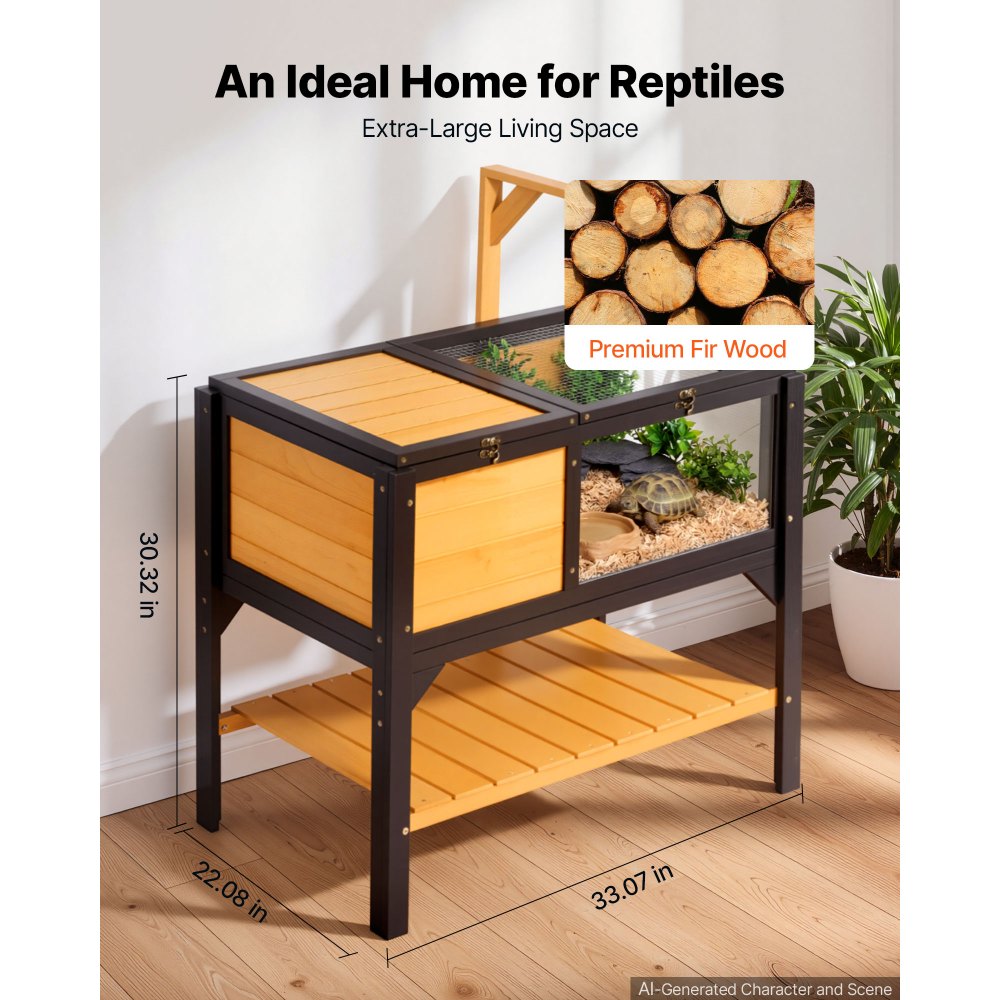 VEVOR Tortoise Habitat 2-Room Wooden Tortoise House with Storage Shelf, for Small Animals Indoor Outdoor, Lamp Stand, Large Turtle Enclosure Reptile Cage with Openable Roof, Acrylic Viewing Window