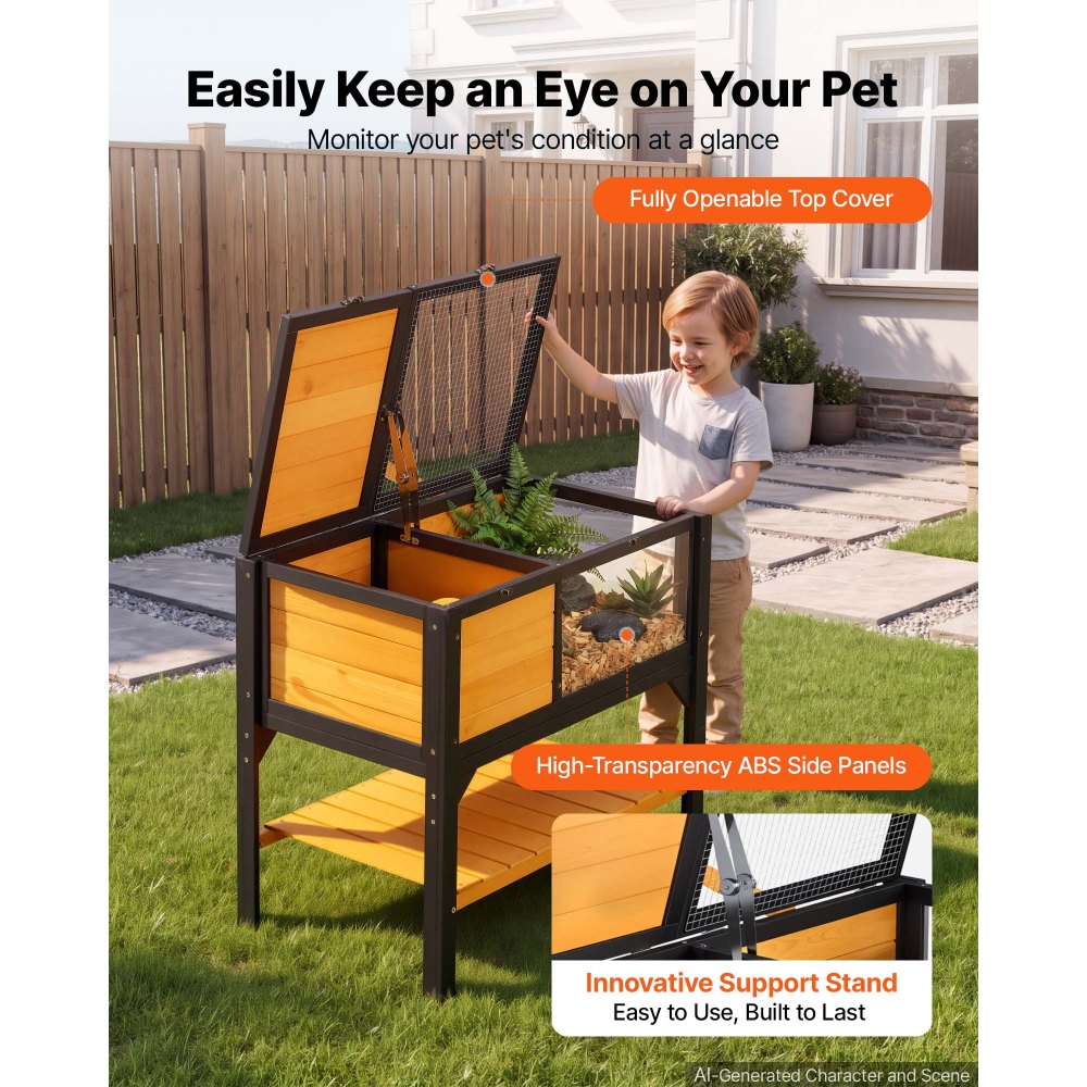 VEVOR Tortoise Habitat 2-Room Wooden Tortoise House with Storage Shelf, for Small Animals Indoor Outdoor, Lamp Stand, Large Turtle Enclosure Reptile Cage with Openable Roof, Acrylic Viewing Window