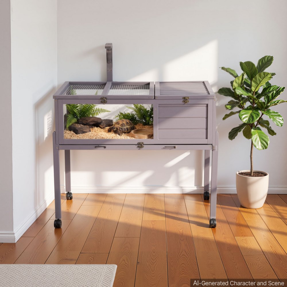 VEVOR Tortoise Habitat 2-Room Wooden Tortoise House with Swivel Casters, for Small Animals Indoor Outdoor, Pull-Out Tray, Lamp Stand, Turtle Enclosure Reptile Cage with Openable Roof, Viewing Window