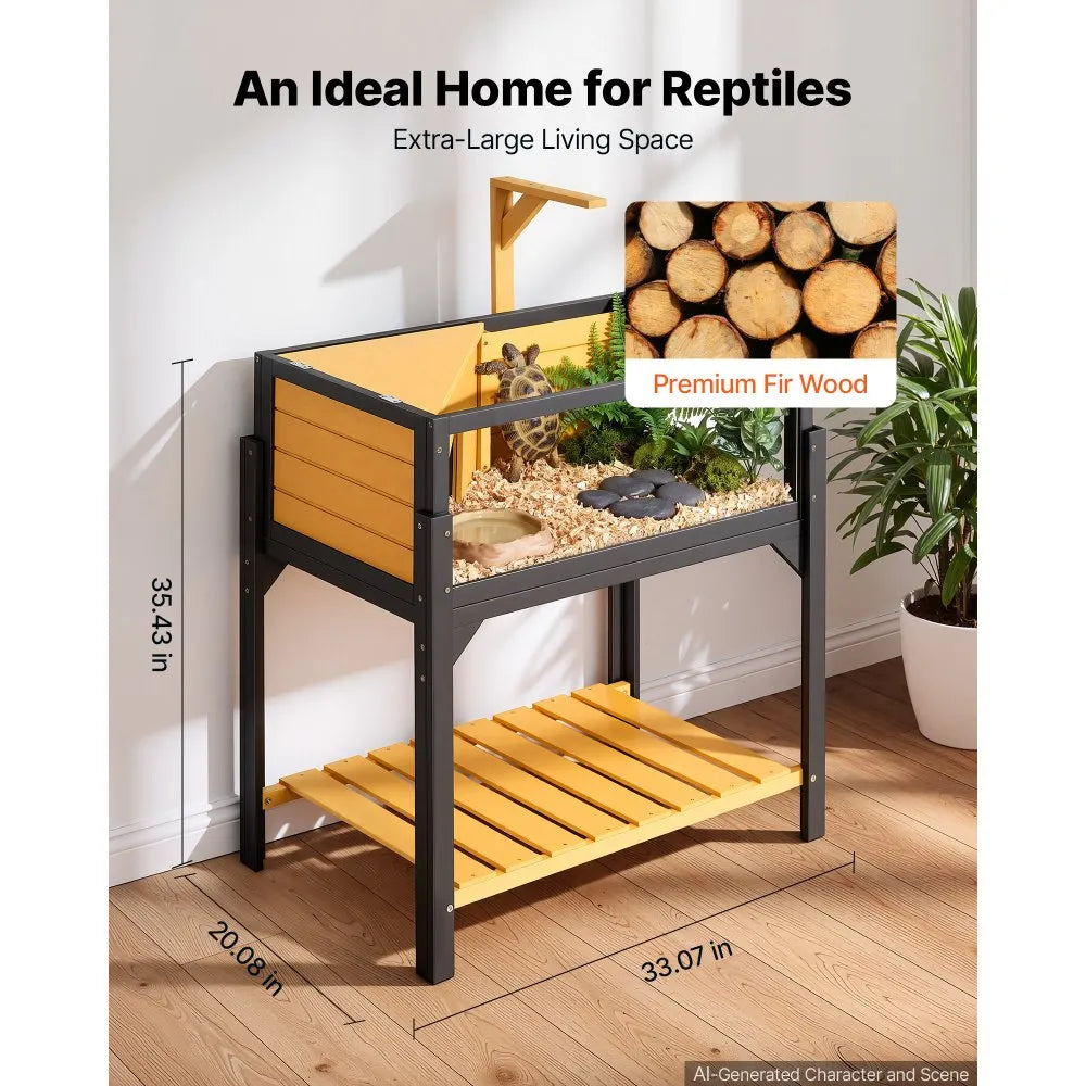 VEVOR Tortoise Habitat 2-Room Wooden Tortoise House Built-in Lamp Stand, for Small Animals Indoor Outdoor, Storage Shelf, Large Turtle Enclosure Reptile Cage with Openable Roof & Viewing Window