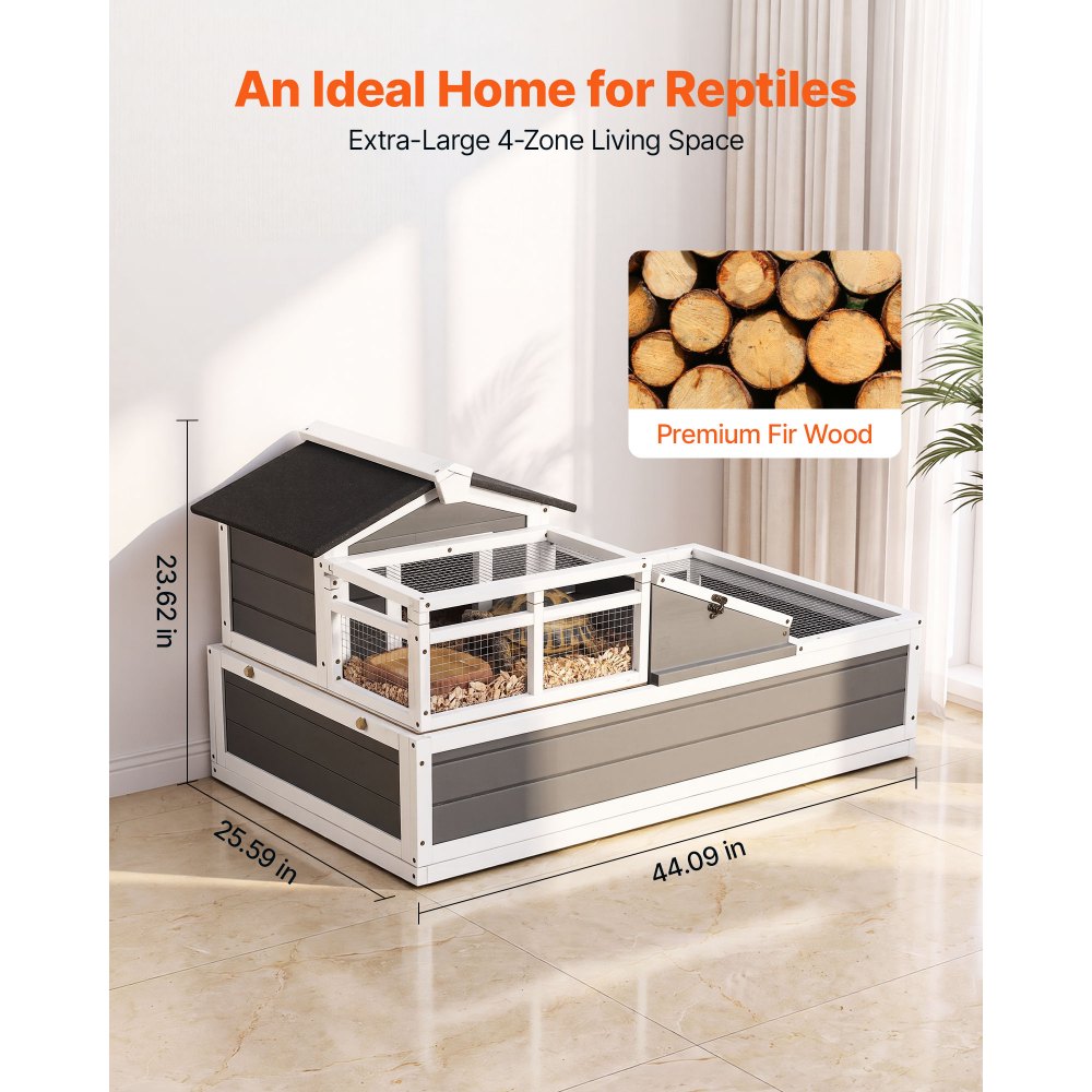 VEVOR Tortoise Habitat 4-Room Wooden Tortoise House with Balcony 2 Stories, for Small Animals Indoor Outdoor, Built-in Ramp, Indoor Large Turtle Enclosure Reptile Cage with Openable Roof, Viewing Area
