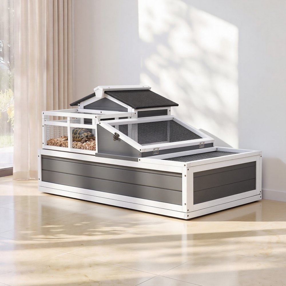 VEVOR Tortoise Habitat 4-Room Wooden Tortoise House with Balcony 2 Stories, for Small Animals Indoor Outdoor, Built-in Ramp, Indoor Large Turtle Enclosure Reptile Cage with Openable Roof, Viewing Area