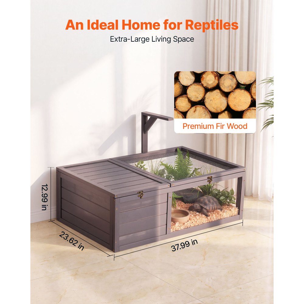 VEVOR Tortoise Habitat 2-Room Wooden Tortoise House with Pull-Out Tray, for Small Animals Indoor Outdoor, Lamp Stand, Large Turtle Enclosure Reptile Cage with Openable Roof, Acrylic Viewing Window