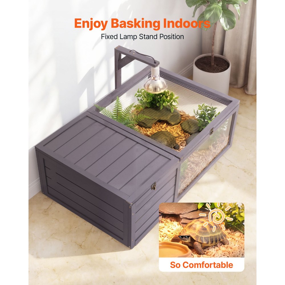 VEVOR Tortoise Habitat 2-Room Wooden Tortoise House with Pull-Out Tray, for Small Animals Indoor Outdoor, Lamp Stand, Large Turtle Enclosure Reptile Cage with Openable Roof, Acrylic Viewing Window
