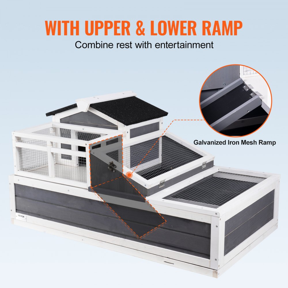 VEVOR 3-Room Tortoise House,Tortoise Habitat with Balcony & 2 Stories, Wooden Tortoise Enclosure Indoor & Outdoor with Ramp, Tray, Openable Roof, Large Reptile Cage, 44" x 25.6"x 24"