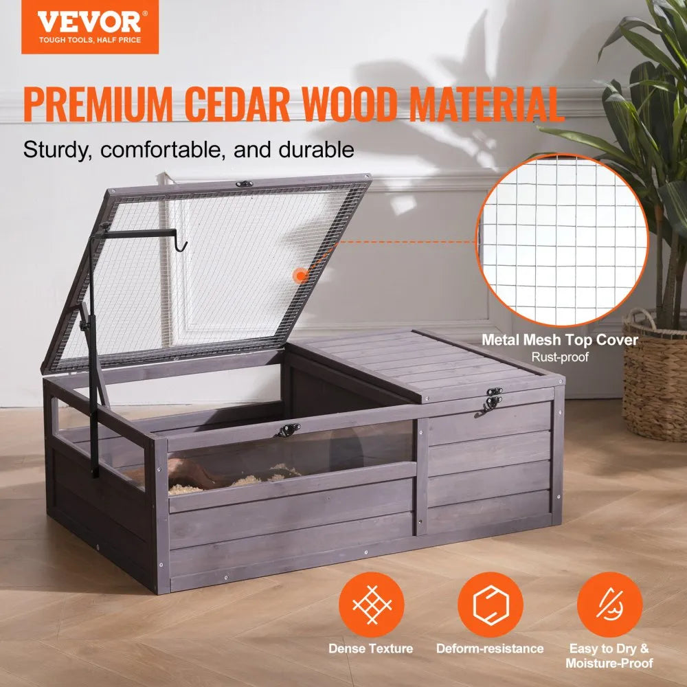 VEVOR Tortoise Habitat, Wooden Tortoise House Indoor & Outdoor, Tortoise Enclosure with Adjustable Lamp Holder, 2-Room Reptile Enclosure Small Animal Cage for Gecko, Lizard, Snake 38x24x13 inch