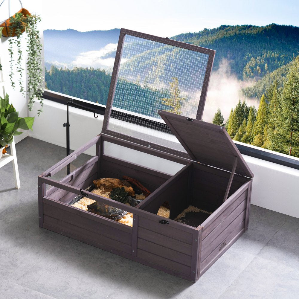 VEVOR Tortoise Habitat, Wooden Tortoise House Indoor & Outdoor, Tortoise Enclosure with Adjustable Lamp Holder, 2-Room Reptile Enclosure Small Animal Cage for Gecko, Lizard, Snake 38x24x13 inch