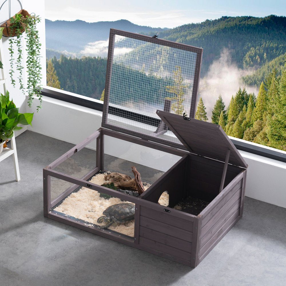 VEVOR Tortoise Habitat, Wooden Tortoise House Indoor & Outdoor, Tortoise Enclosure with Hanging Light Stand, 2-Room Reptile Enclosure Small Animal Cage for Gecko, Lizard, Snake 38 x24 x13 inch