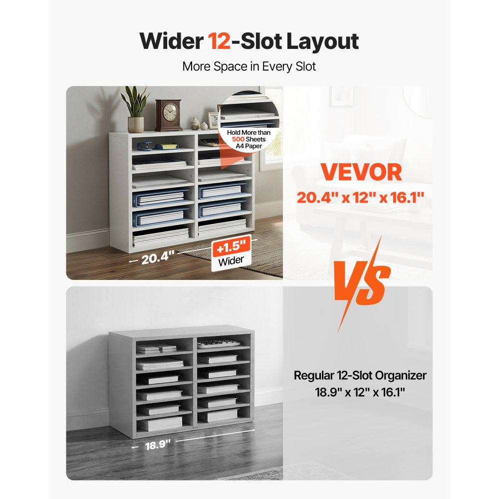 VEVOR Literature Organizers, 12 Compartments Office Mailbox with Adjustable Shelves, Wood Literature Sorter 20.4x12x16.1 inches for Office, Home, Classroom, Mailrooms Organization, EPA Certified White