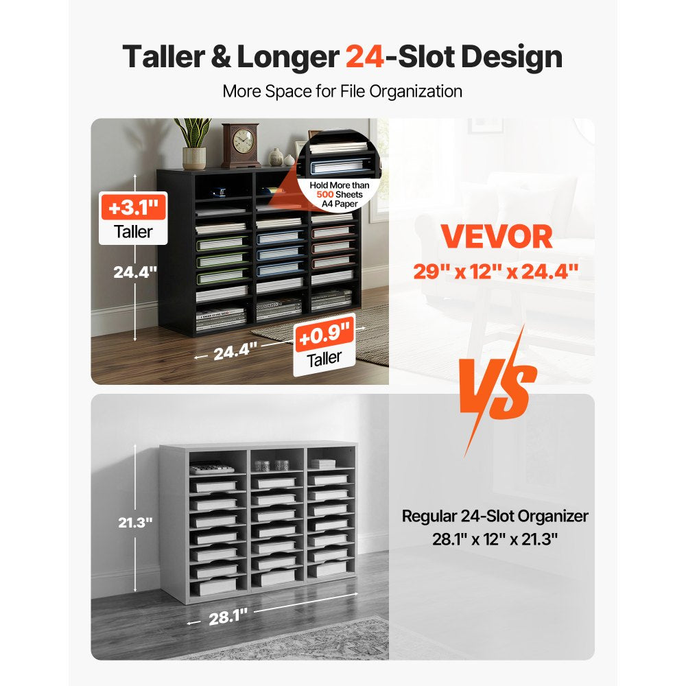 VEVOR Wood Literature Organizer, 24 Compartments, File Sorter with Removable Shelves, Mailboxes Slot for Office Home Classroom Mailrooms Organization, EPA Certified, Black