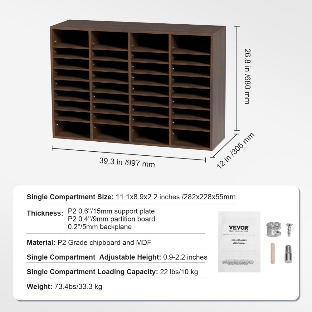 VEVOR Literature Organizers, 36 Compartments Office Mailbox with Adjustable Shelves, Wood Literature Sorter 39.3x12x26.8 inches for Office, Home, Classroom, Mailrooms Organization, EPA Certified Brown