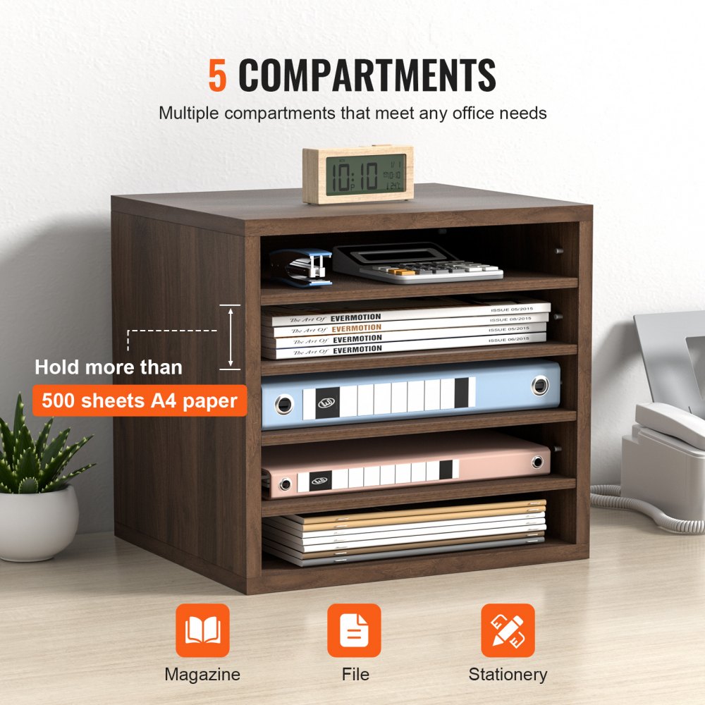 VEVOR Literature Organizers, 5 Compartments Office Mailbox with Adjustable Shelves, Wood literature sorter 13.9x12x13 inches for Office, Home, Classroom, Mailrooms Organization, EPA Certified, Brown