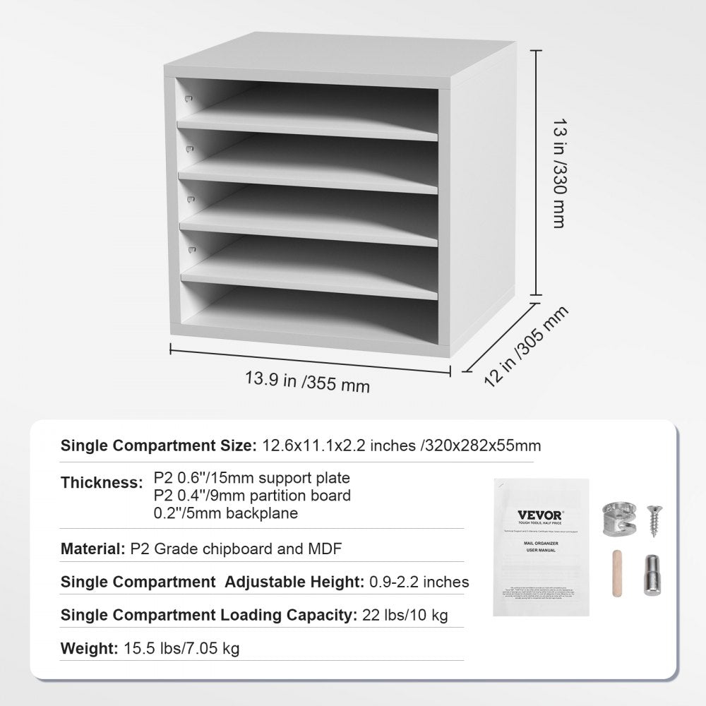 VEVOR Literature Organizers, 5 Compartments Office Mailbox with Adjustable Shelves, Wood Literature Sorter 13.9x12x13 inches for Office, Home, Classroom, Mailrooms Organization, EPA Certified, White