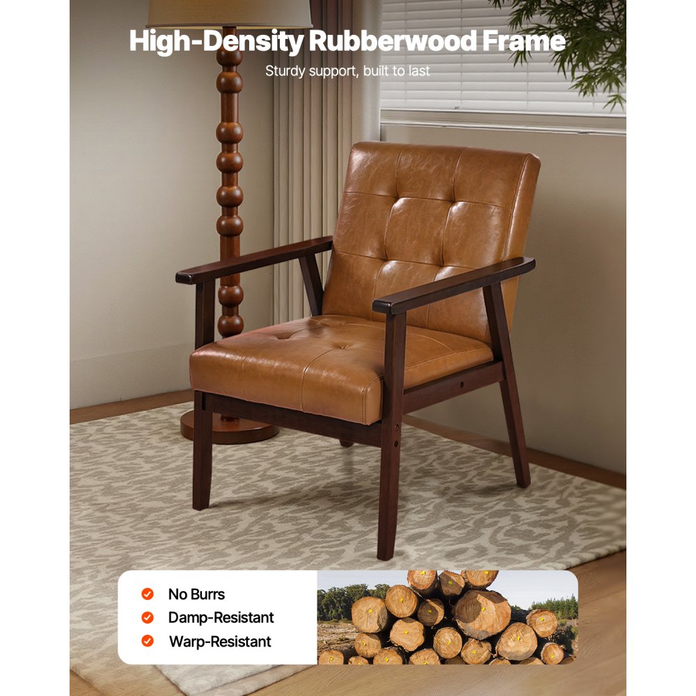 VEVOR Accent Chair, Mid Century Modern Armchair with Solid Wood Frame and Non-Slip Legs, Upholstered Leisure Chair with PU Leather and Soft Cushion, for Living Room, Bedroom, Office