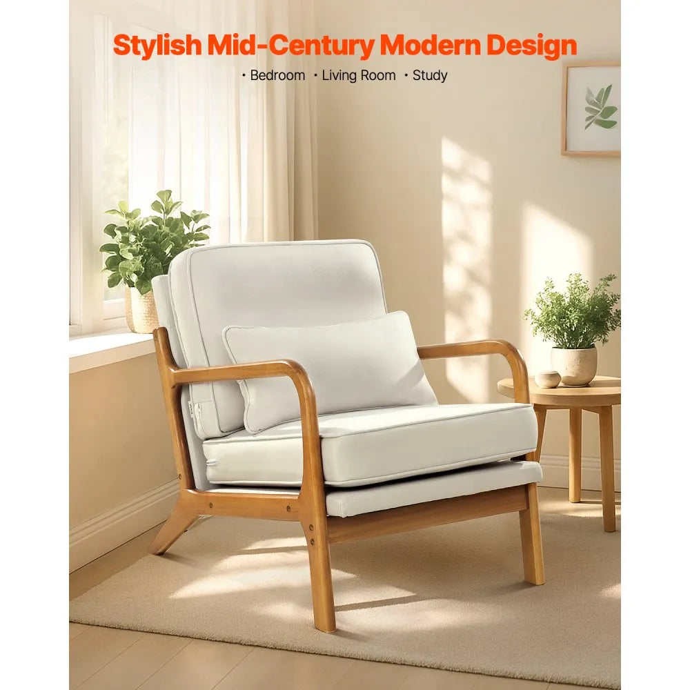 VEVOR Accent Chair, Mid Century Modern Armchair with Solid Wood Frame and Non-Slip Legs, Upholstered Leisure Chair with Linen Fabric and 5.7 in Thickened Cushion, for Living Room, Bedroom, Office