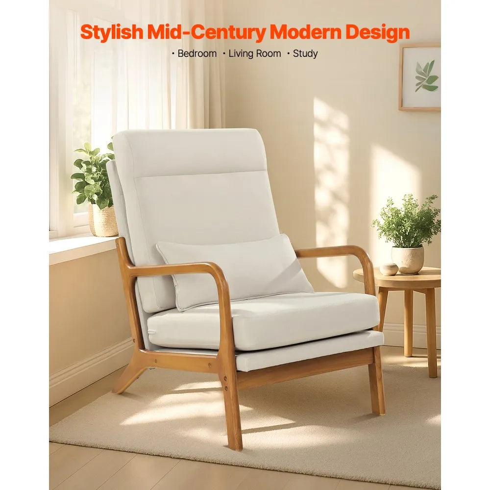 VEVOR Accent Chair, High Back Mid Century Modern Armchair with Solid Wood Frame and Non-Slip Legs, Upholstered Leisure Chair with Linen Fabric and 5.3 in Thickened Cushion, for Living Room, Bedroom